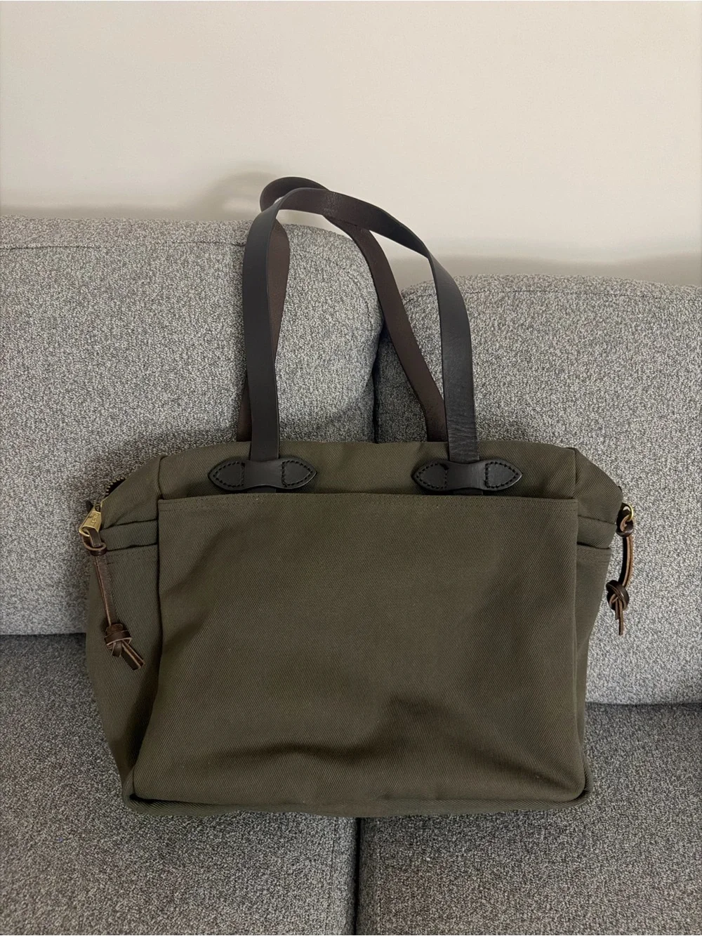 Like new condition!! Olive Green Canvas Tote Bag with Dark Brown Straps
